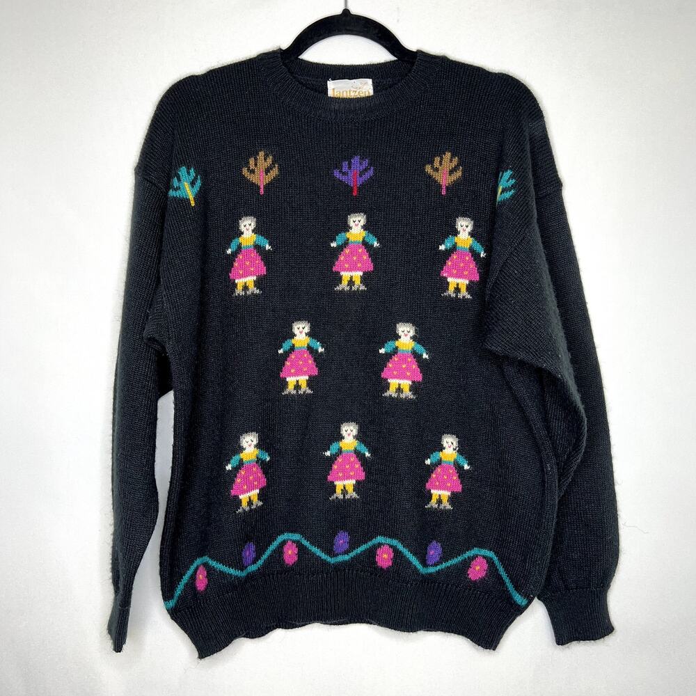Vintage Jantzen Sweater Folk Art Pullover Crewneck Long Sleeve Black Size Large